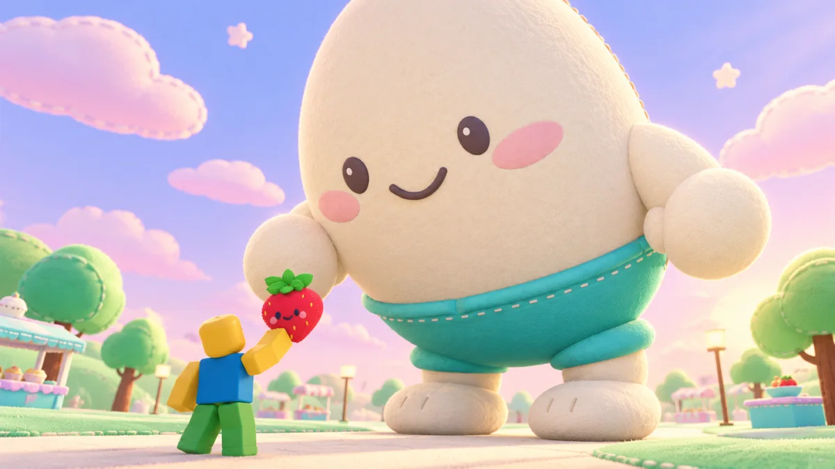 Illustration of a giant fleece Big Boy towering above a tiny Roblox player